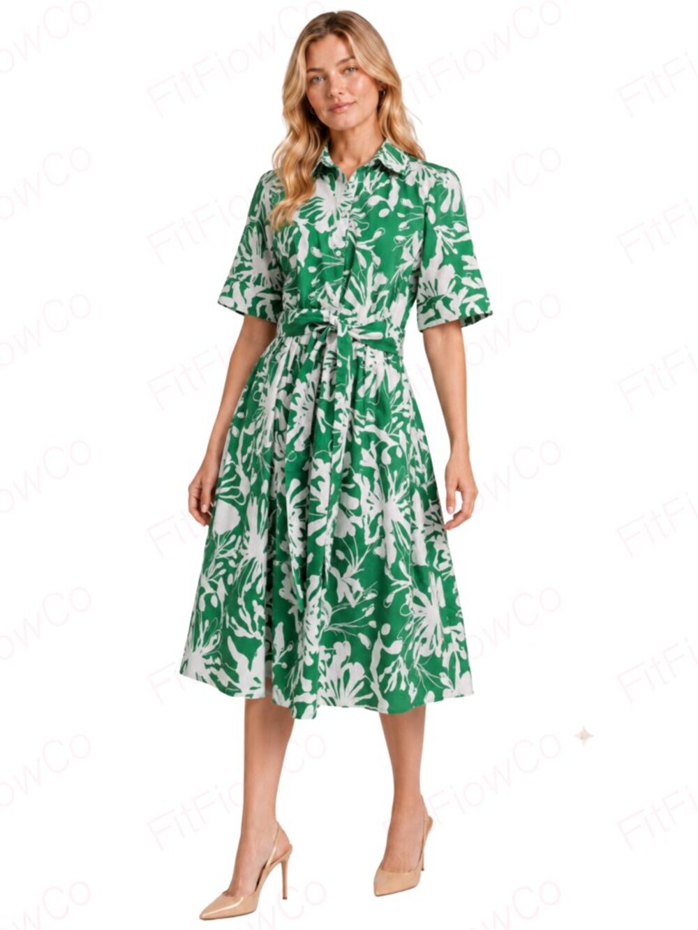 DKNY Floral Cotton Shirtdress Women 6 Green White Belted NWT